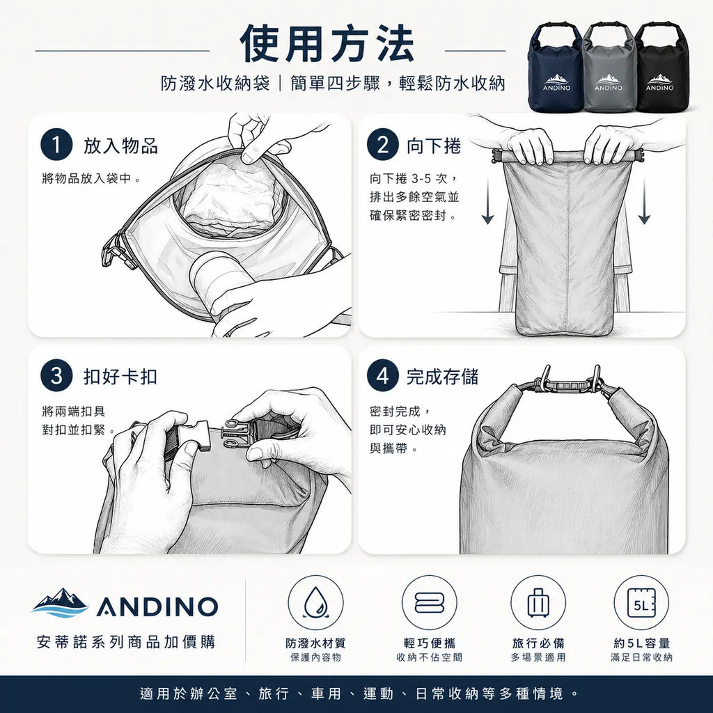 ANDINO 防潑水多功能收納袋產品細節展示