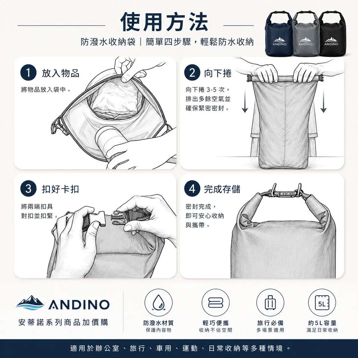 ANDINO 防潑水多功能收納袋產品細節展示